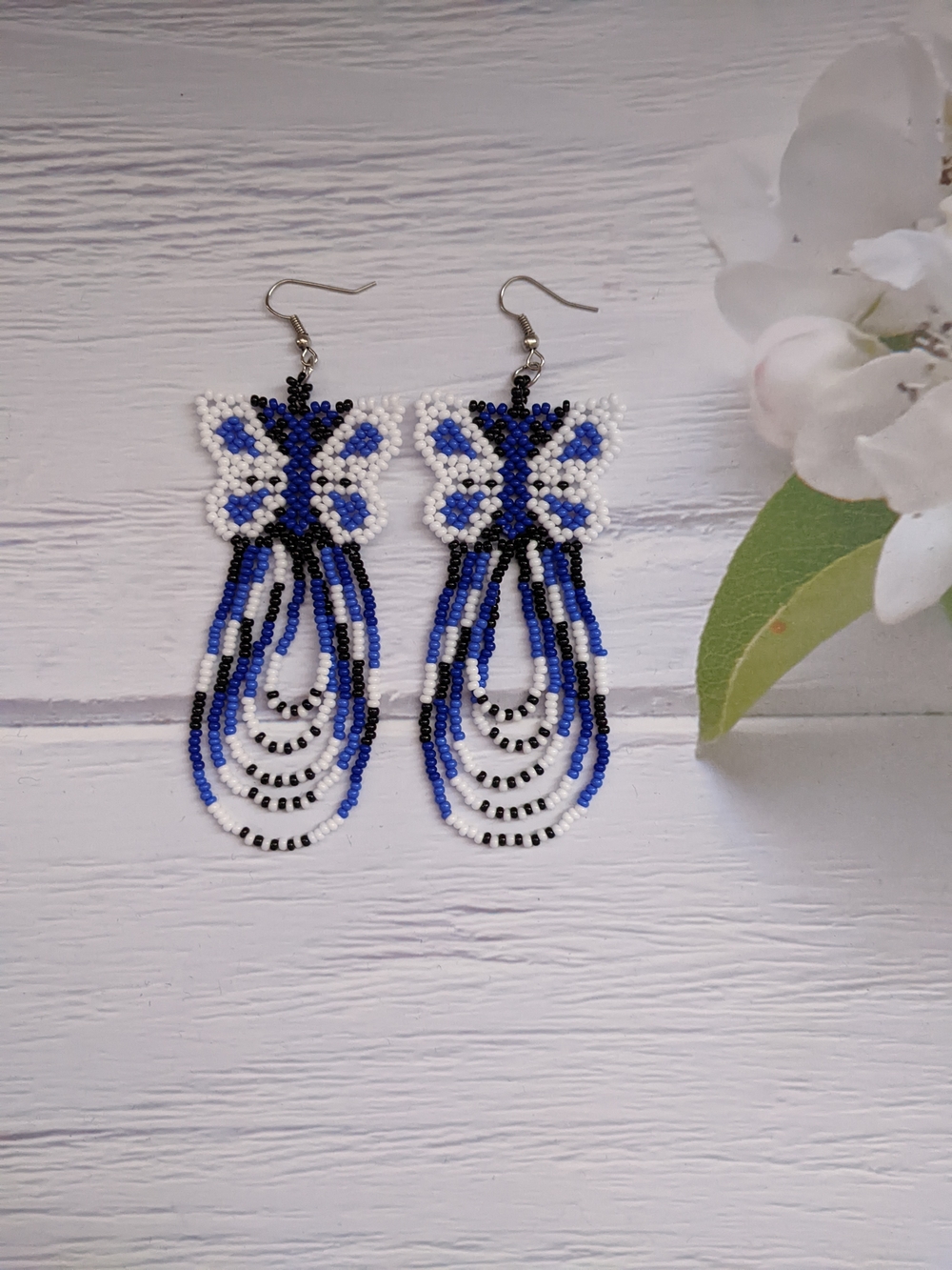 Blue, White & Black Beaded Fringe Earrings - Handmade Style